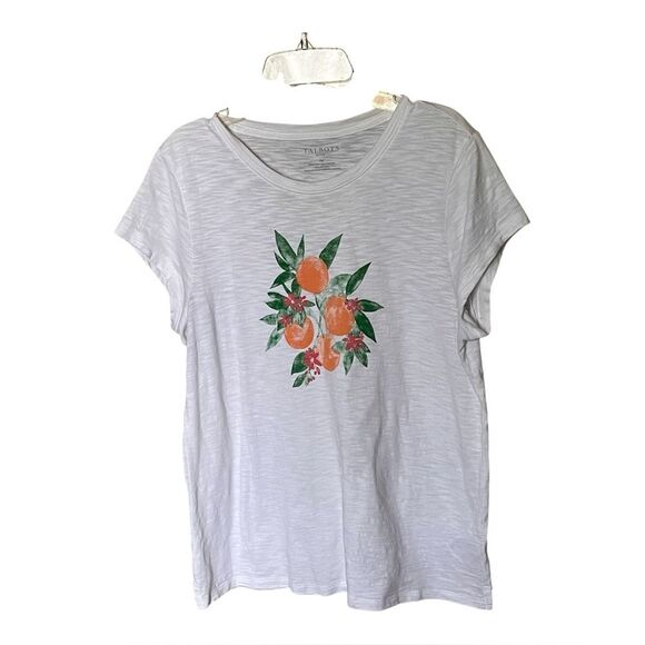 Talbots White Short Sleeve Tee Shirt Top with Orange Graphics Size Medium Petite - Picture 1 of 7